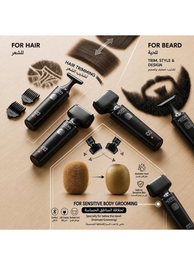 Noor e Jannat All-in-One Body Grooming System with T-Blade Trimmer, Back Hair Remover, Precision Hair Clipper, Nose Trimmer, Shaving Head & Adjustable Guide Combs, IPX6 Waterproof, Smart LED Display, Type-C Fast Charging, 7000RPM Turbo Motor & Wet/Dry Use
