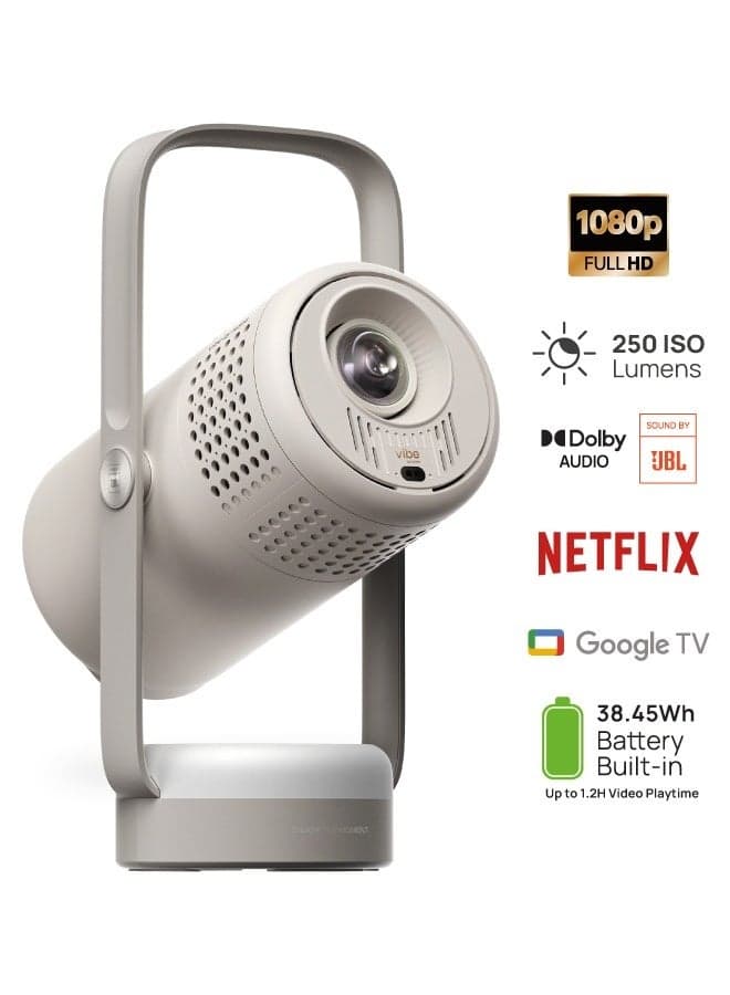Vibe One Mini 1080P Smart Portable Projector | Google TV with Licensed Netflix, Sound by JBL, Built-in Battery, Auto Focus Auto Keystone, HD Projector for Home & Outdoor - Cloud Ash
