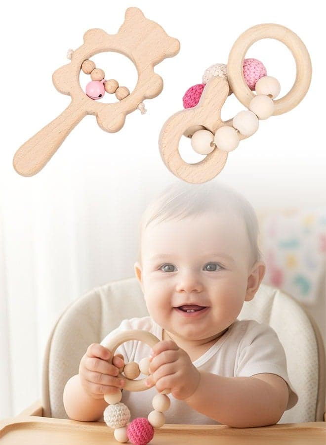 Baby Wooden Rattle and Teether Toys Set, Natural Beech Wood Teething Rings for Newborn Infants Teething Relief, BPA-Free & Food-Grade