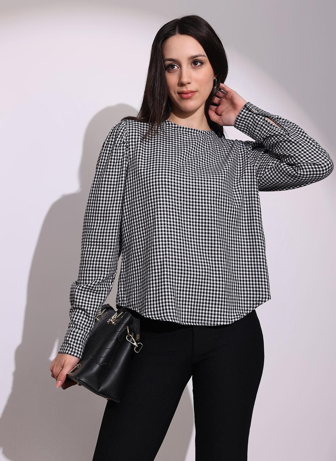 Globus Women Black & White Checked Back Button Detailing Cuffed Sleeves Curved Hem Workwear Top