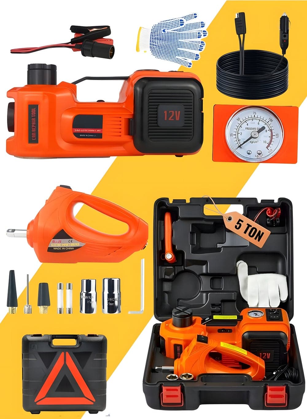 12V 5 ton car electro-hydraulic jack set with air pump multi-function 4 in 1 suitable for all car models