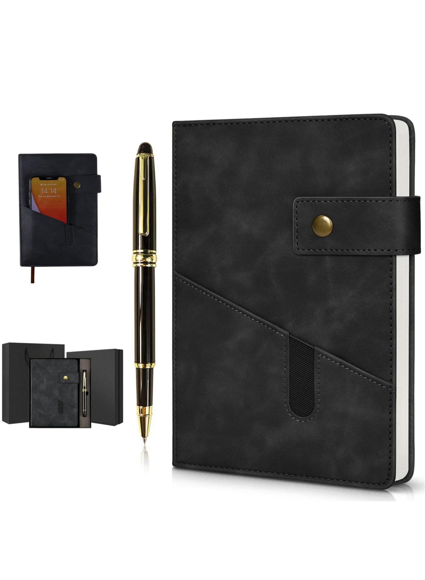 Black A5 Lined Leather Journal Notebook,Personalized Hardcover Journal Set with Pen & Gift Box,200 Pages 100 gsm Thick Ruled Paper Daily Diary for Men Women School,Travel,Business,Work,Home Writing