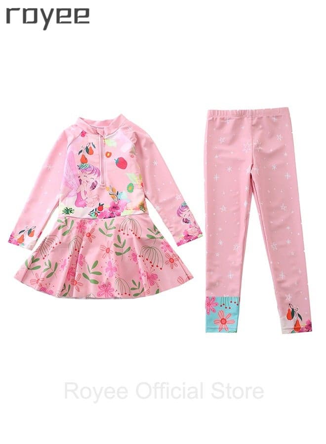 New Children's Swimsuit, One-piece Swimsuit With Long Pants, Long Sleeved For Middle-aged Girls,Swimwear With Sun Protection, Conservative Girls' Swimsuit