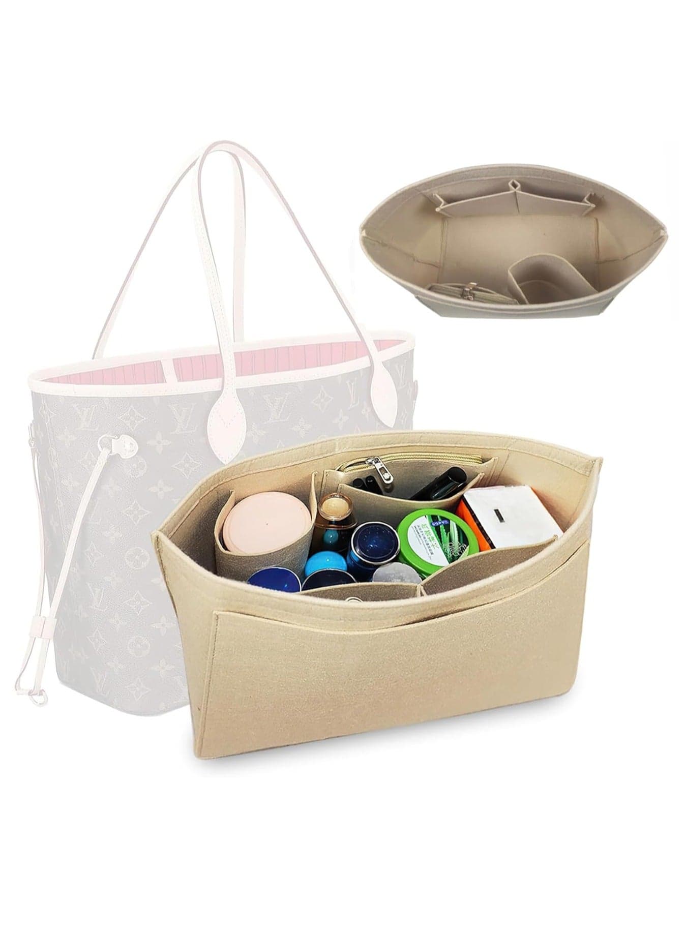Tote Bag Organizer Insert Large Multi-Pocket Felt Bag Organizer Insert Handbag Base Shaper with Zipper for Handbag Purse Travel Bags – Beige Large