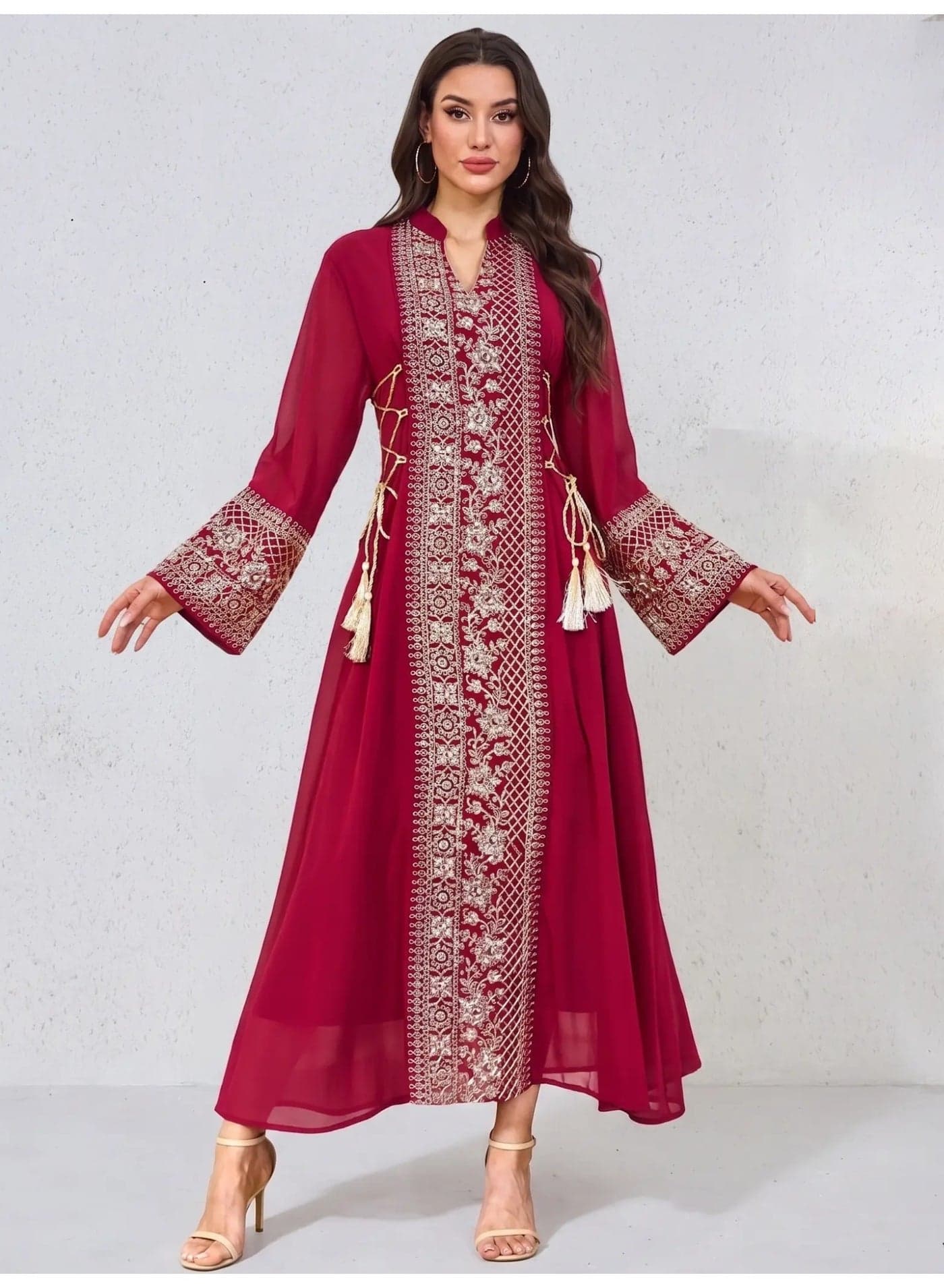 Abaya Wedding Eid Burgundy Gold Embroidery Tassel Lace-Up Waist Polyester Modest Maxi S-XL