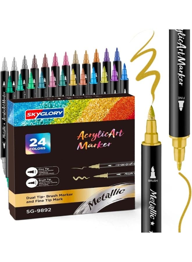 24-Color Metallic Acrylic Paint Markers Set, Dual Tip Glitter Acrylic Marker Pens with Brush Tip and Fine Tip, Art Supplies for Rock Painting, Canvas, Calligraphy, Ceramic, Wood, Plastic, Glass, Card Making, DIY Crafts