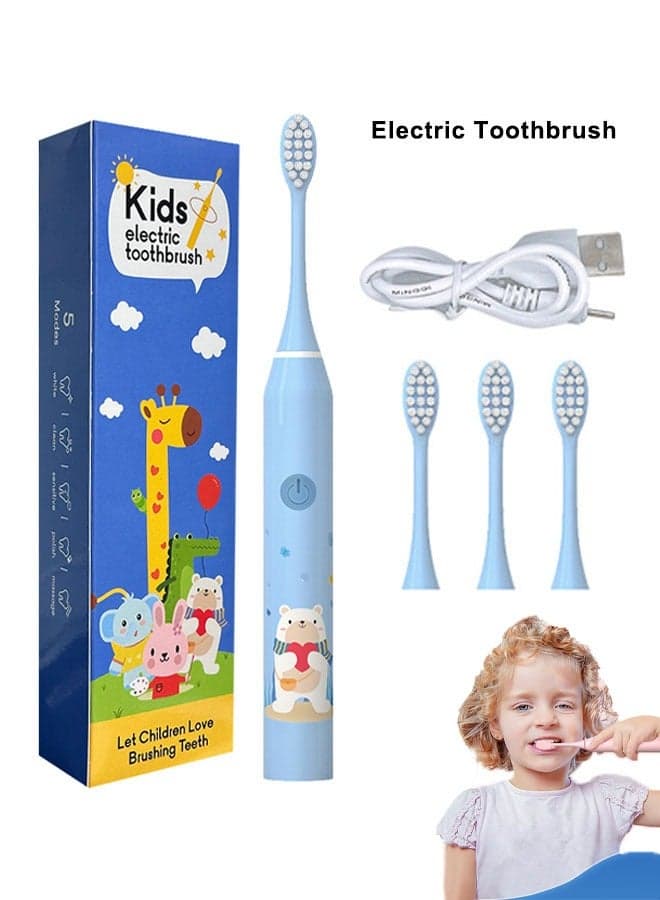 Kids Electric Toothbrush With 4 Replacement Heads USB Rechargeable Blue Bear