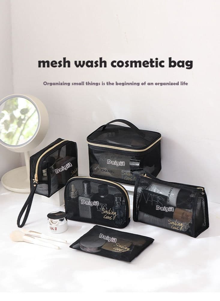 Makeup Bag Set Cosmetic Bag Set Makeup and Toiletry Travel Bag Set Make up Bag Set 5PCS,Large Capacity, Mesh Transparent Easy Take&Clean, Multifunction Travel Handbag With Strap to Hang,Black
