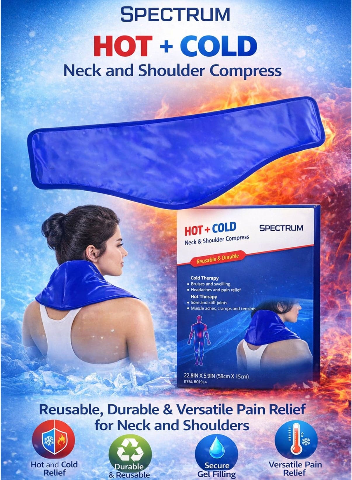 Hot And Cold Neck and Shoulder Compress 58 x 15 cm Extra Large Reusable Gel Pack – Dual Hot & Cold Therapy for Neck Pain Shoulder Pain Upper Back Muscle Relief – Heat & Ice Compress for Swelling Inflammation Stiff Joints Cramps Tension Headache Relief