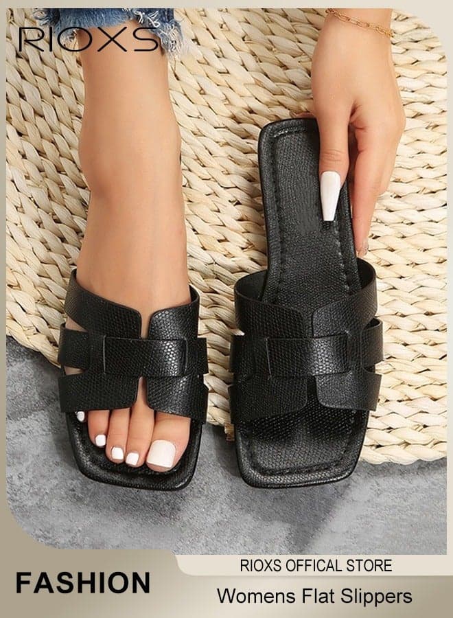 Women's Flat Sandals, Elegant Square Open Toe Dressy Sandals, Lightweight Anti-Slip Open Toe Summer PU Leather Slides for Laides, Fashion Cross Strappy Beach Vacation Shower Sandals, Comfort Soft Sole Sandals, for House Indoor and Outdoor Use, Black