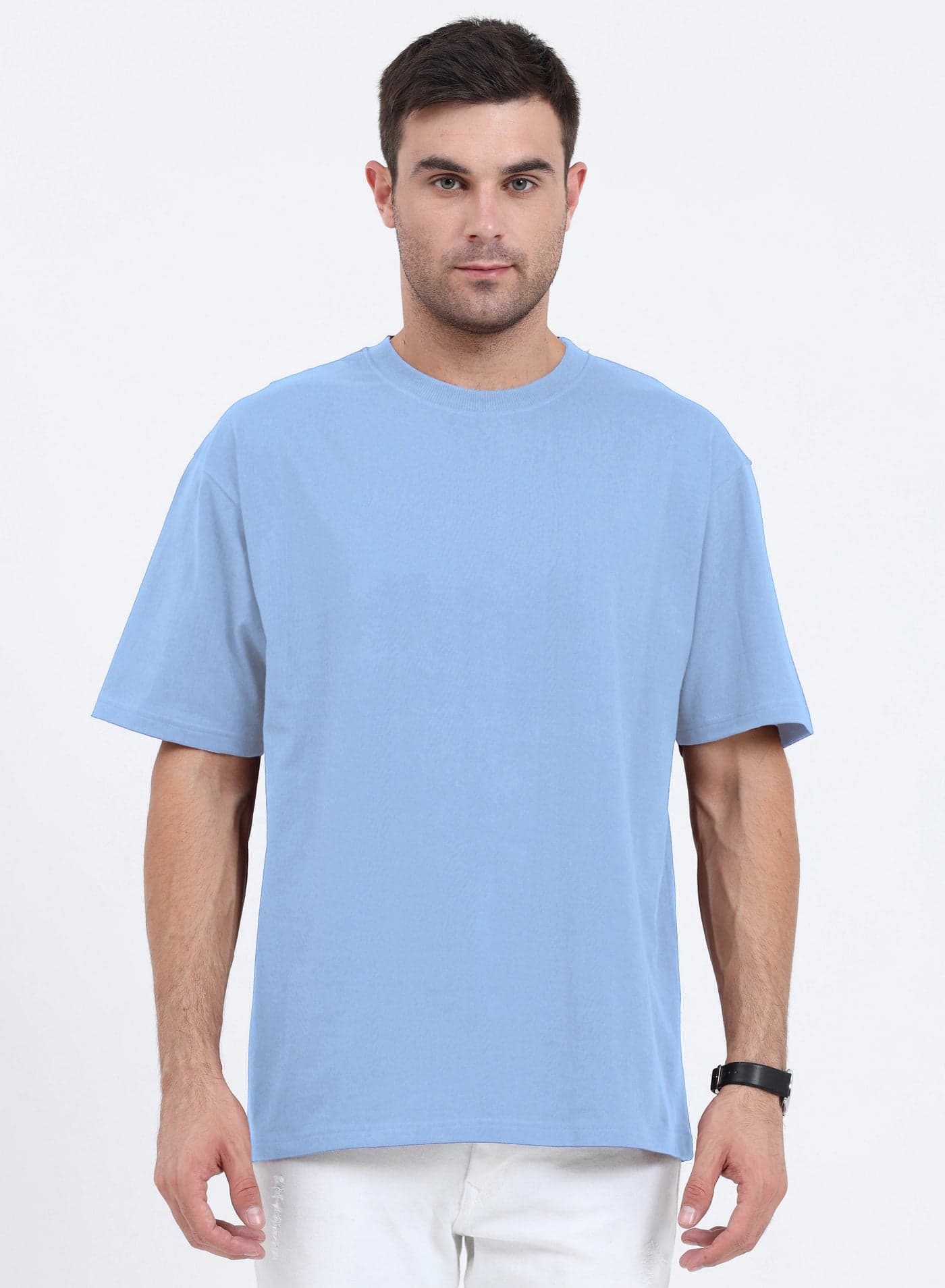 Unisex Drop Shoulder Half Sleeves Cotton Oversized T-Shirt (Baby Blue)