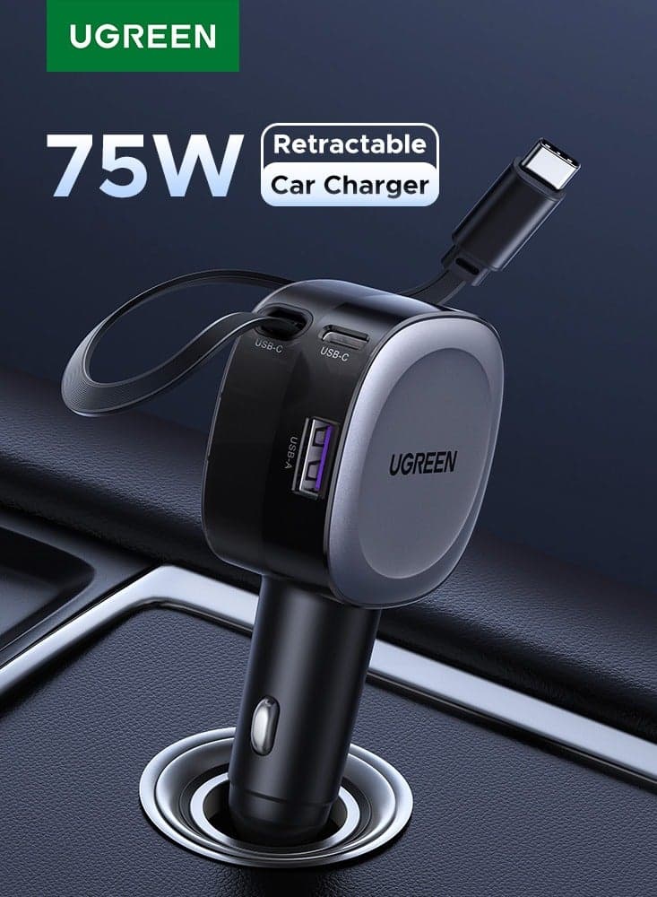 75W Car Charger Adapter USB Type C With 0.75M Retractable Cable With 2C1A Ports Tangle-Free Fast Charging, Fireproof PC Material Compatible With Macbook Pro Air, iPad, iPhone, Galaxy,Xiaomi 75W