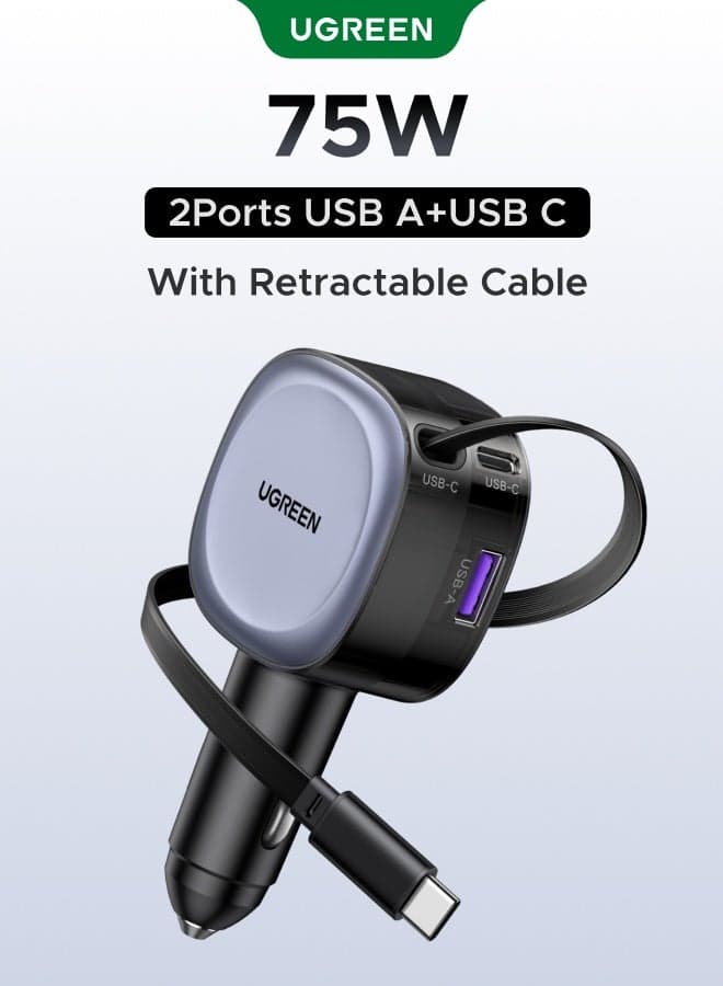 75W car charger type c 3-Device Fast Charging with 75cm Retractable USB-C Cable Laptop Charger Compatible, USB A + USB C ports, 2C1A ports car charging adapter, Durable Reliable car charger adapter for MacBook Pro/Air,iPhone 17/16/15 Plus/Pro/Pro Max, Samsung GalaxyS26/S25/S24 +/FE/Ultra,GalaxyZ Fold/Z Flip 3-6series,iPad Mini/Pro/Air, Google Pixel8/9, Huawei, Laptops and More 75W