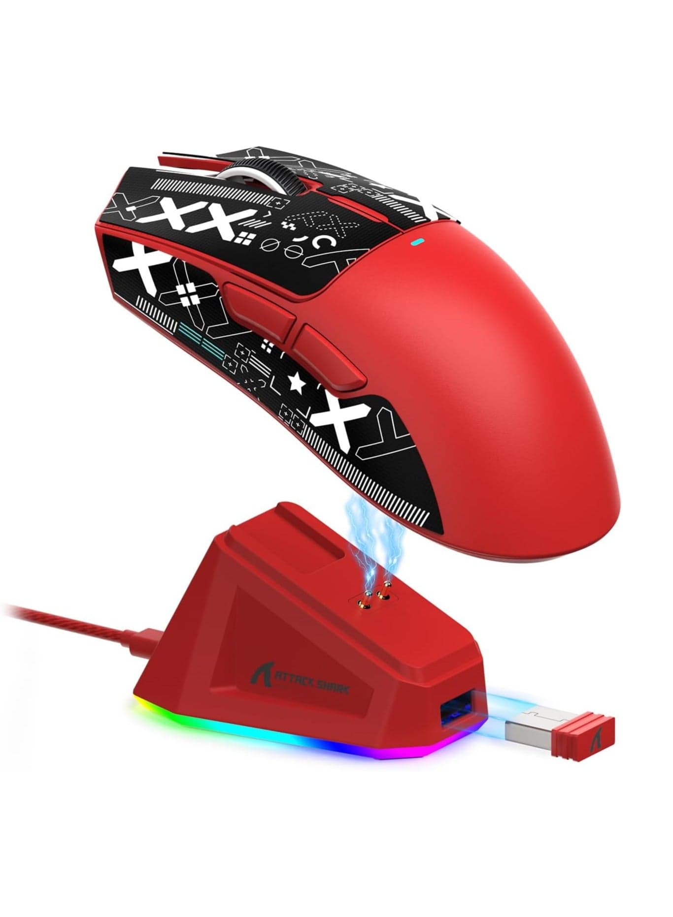 ATTACK SHARK X11 Tri-Mode Gaming Mouse - Wired, 2.4GHz Wireless, Bluetooth - 22000 DPI PixArt PAW3311 Sensor - RGB Backlight - Magnetic Charging Dock - Lightweight & Ergonomic Design - For PC, Laptop, Mac, Xbox, PS (Red)