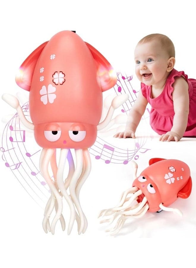 Crawling Baby Toys, Dancing Octopus Toy, Infant Tummy Time Crawling Toys with Light Music, Interactive Sensory Toys for Toddler, Funny Squid for Office Desk Decor, Pink