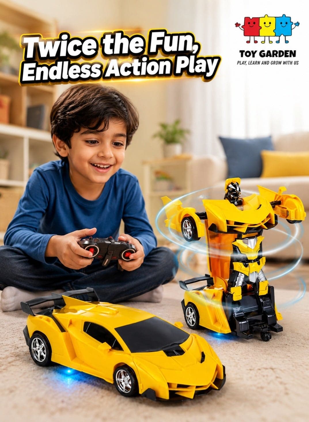 2-in-1 transforming toy, Transforming Robot RC Car for Kids – Remote Control Sports Car with 360° Rotation and Easy Transformation, Perfect Interactive Toy Gift for Boys (Yellow)
