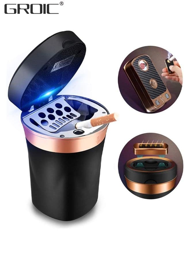 Car Ashtray, Auto Ashtray Detachable Ceramics with Lid Led Light and Removable Lighter Solar Energy and USB Dual Charging for Most Car Cup Holder