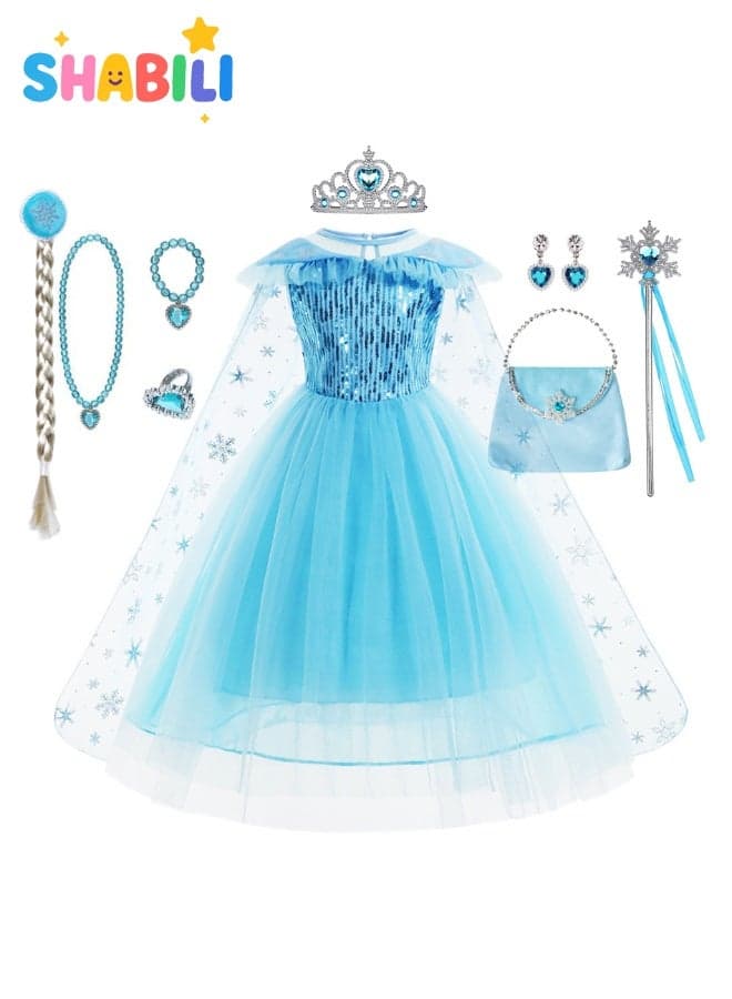 Kids Girls Ice Princess Dress Up Costume Set 8PCS, Sequin Snow Queen Fancy Dress with Crown Wand Jewelry Wig Bag, Birthday Party Halloween Carnival Cosplay Outfit for Girls 2–9 Years, Size 100–150cm