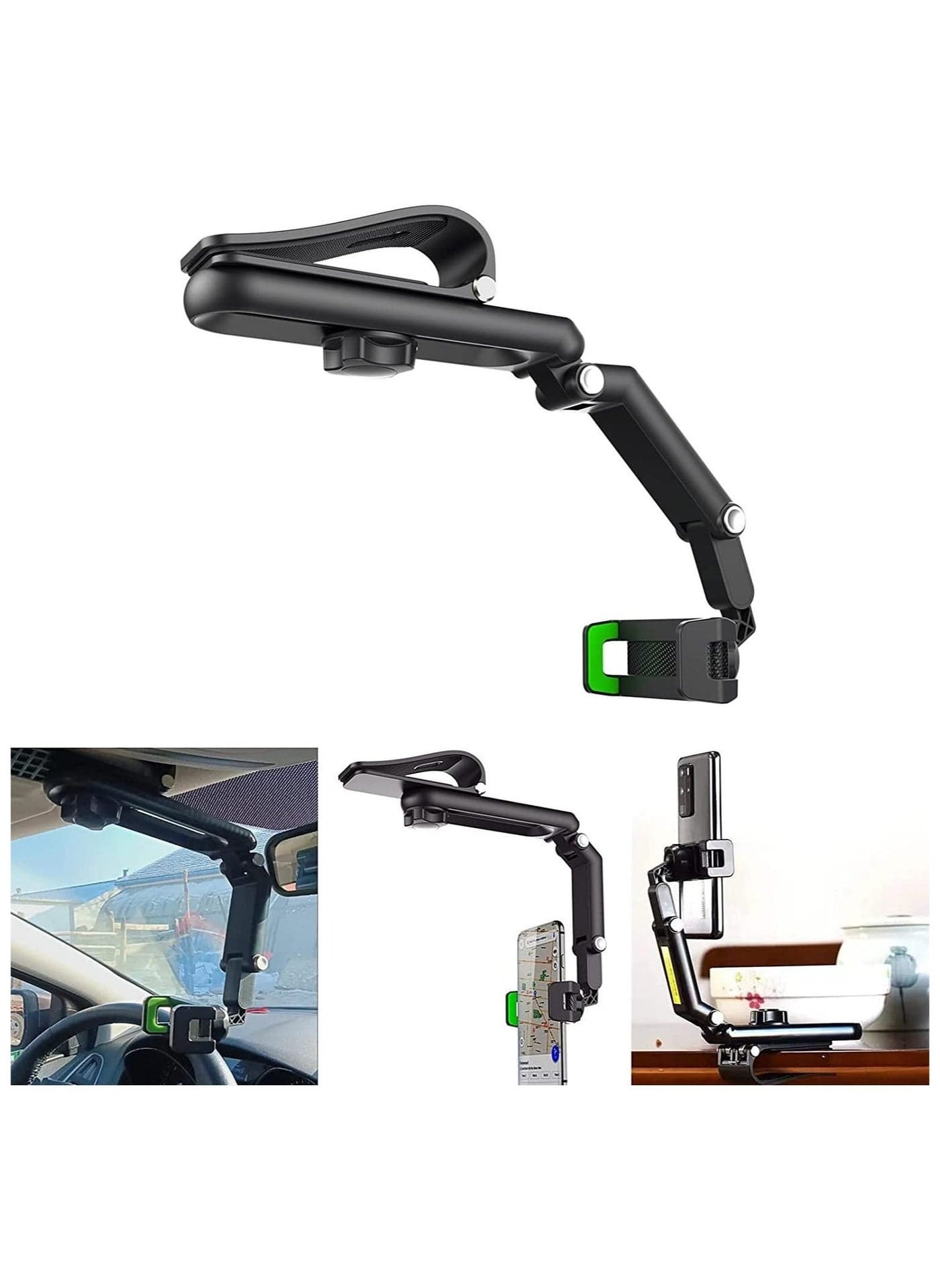 Car Phone Holder Mount Multifunctional Cell Phone Stand HIYITKS Universal Adjustable Arm Cradles Car Holder Mount Phone Car Clip Mount for Sun Visor Rearview Mirror Steering Wheel