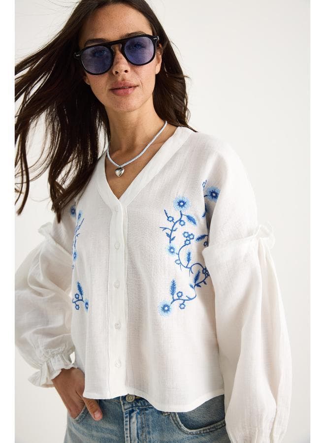 Boho Embroidered Button Up Blouse