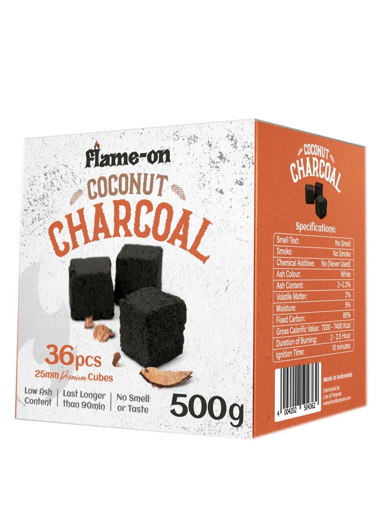 Flame-On Premium Coconut Shell Charcoal Briquettes 500g, 25mm Cubes x 36Pcs with Low ash content