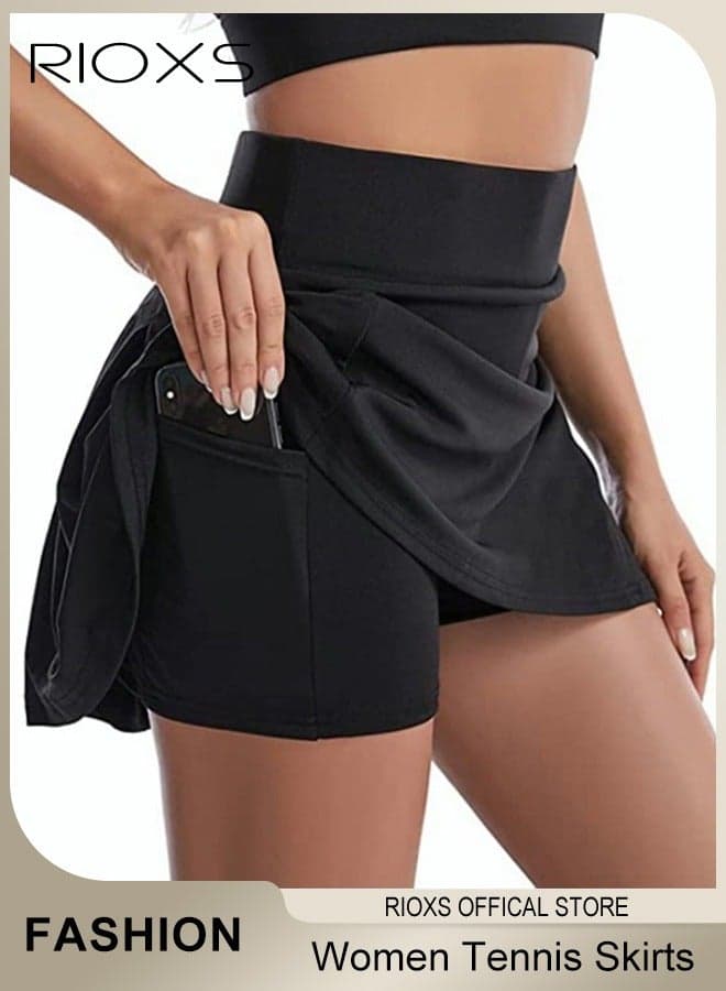 Women Tennis Skirts, Sports Skirts 2-In-1 Liner Shorts, Comfy Golf Skirts For Women, High Waisted Skirts With Pockets, Ladies Skirt Inner Shorts For Athletic/ Skorts/ Running/ Pickleball, Black Workout Sportwear Skirts Shorts