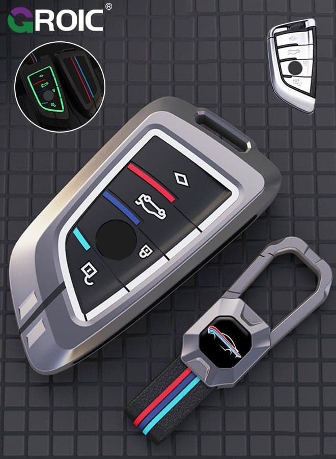 For BMW Key Fob Cover with Keychain, Zinc Alloy and Fluorescent Silicon Car Key Shell Case for BMW 1 3 4 5 6 7 Series X1 X2 X3 X5 X6 X7 M5 M6 GT3 GT5, Smart Key Holder Protector (B)