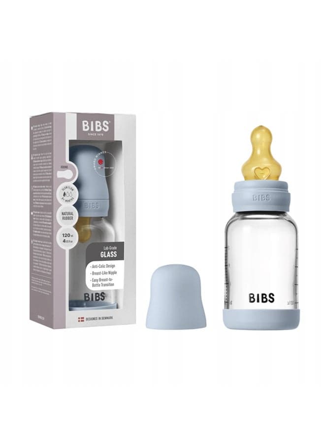 Glass Bottle Baby Bottle Round 120 Ml + Latex Teat, Slow Food Flow, 0+ Months - Baby Blue