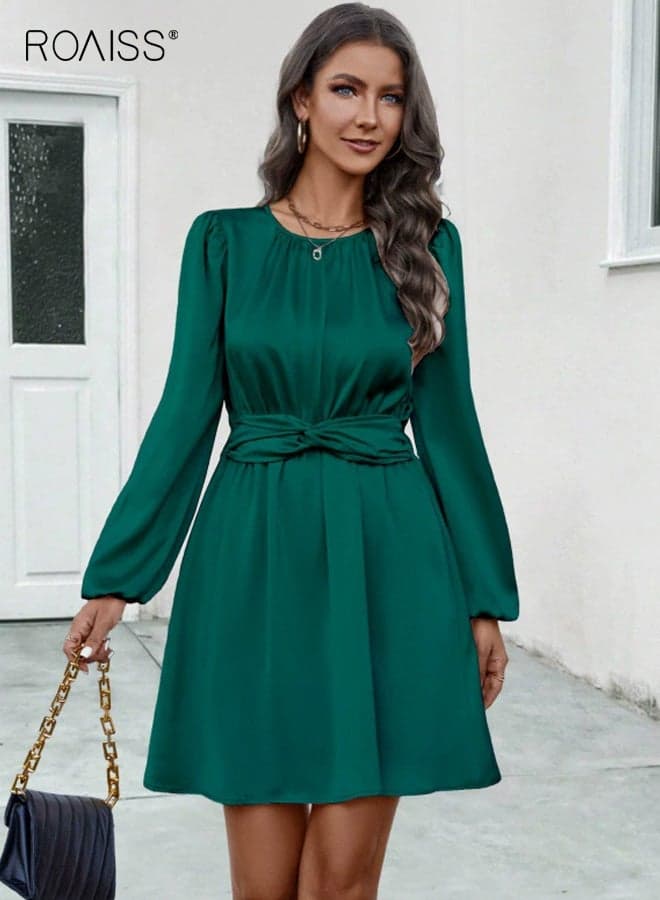2025 Summer Women's Dress, New Sweet & Elegant Flared/A-line Dress, Stretch-Fit Polyester Short Dress, Featuring Faux Tie Detail, Dark Green