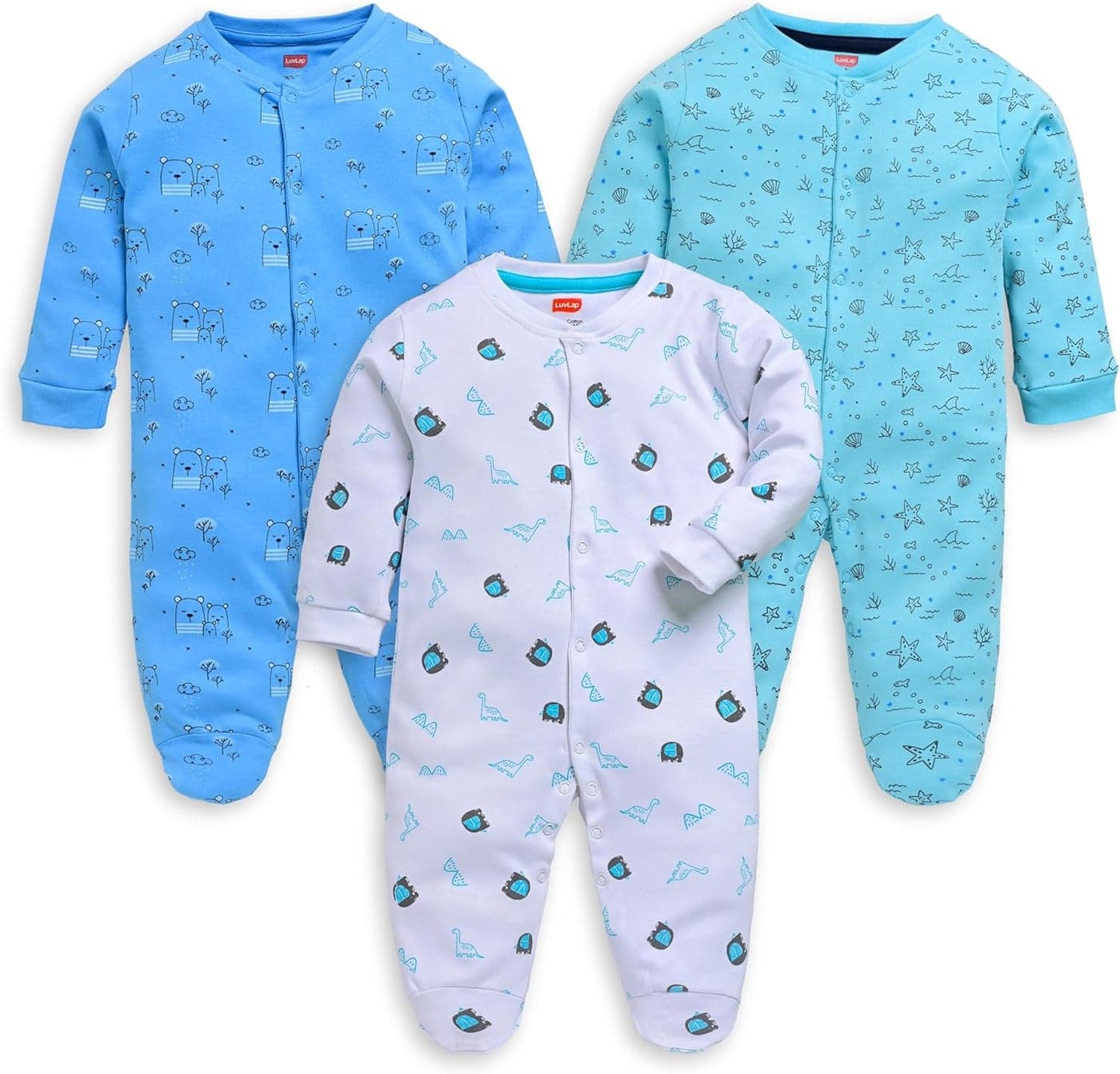 LuvLap Baby Boys & Girls Pack of 3 Full Sleeve Rompers, 100% Cotton, Size S (1 to 3 Months), Multicolour