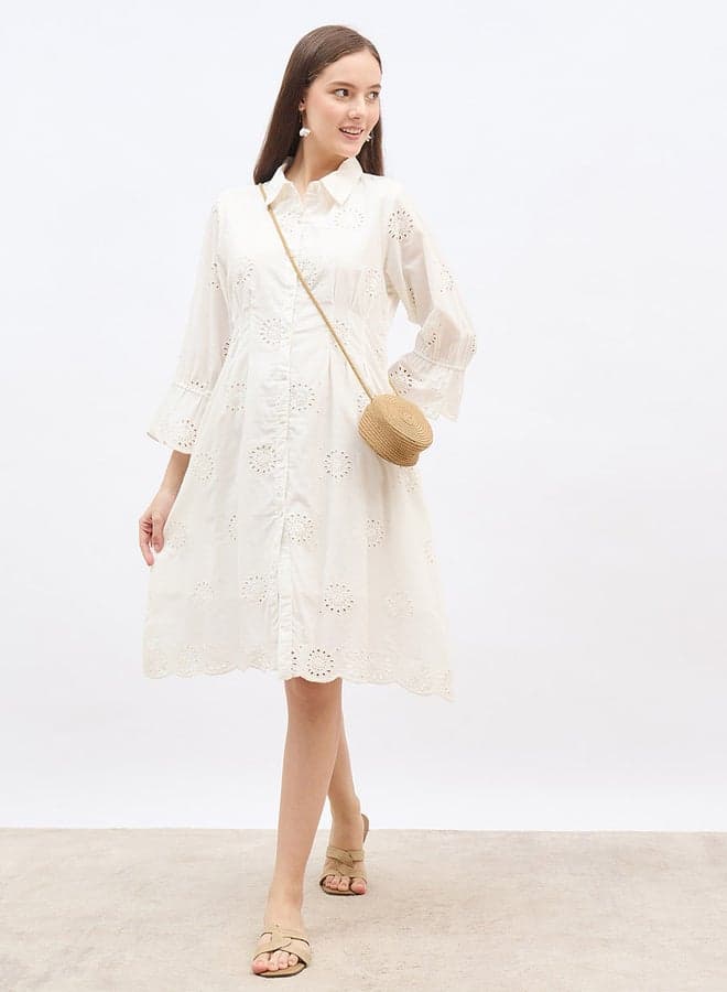 Women White Schiffli Bell Sleeves Shirt Knee-Length Dress