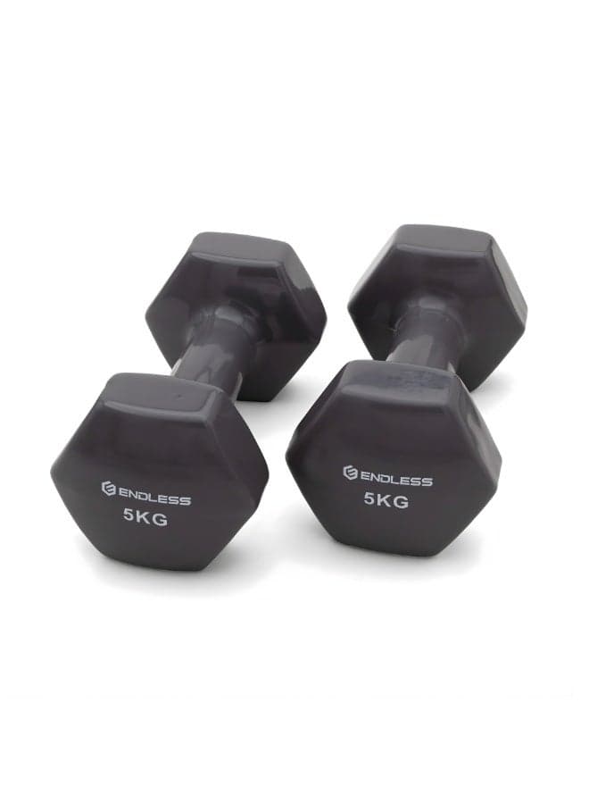 Vinyl Coated Fixed Dumbbells Pair | 5 Kg Each (Total 10 Kg) | Gray | Iron with Vinyl Coating | Compact Weights for Home Gym, Workout, Fitness, Men & Women