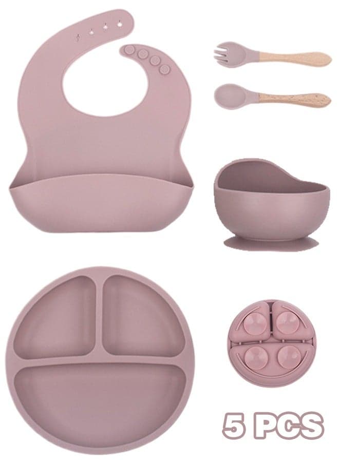 5-Pieces Silicone Baby Feeding Set, Baby Led Weaning Supplies with Suction Bowl and Divided Plate, Wooden Spoon and Fork, Toddler Tableware Set with Adjustable Soft Silicone Bib