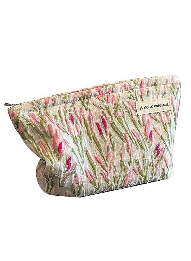 Make Up Bag, Zipper Cosmetic Bag,Portable Toiletry Organizer Bag For Women, Large Capacity Pouch Storage Bags For Travel,Makeup Case Organizer,Canvas Flowers Skincare Pouch Bag (Pink-willow branch)