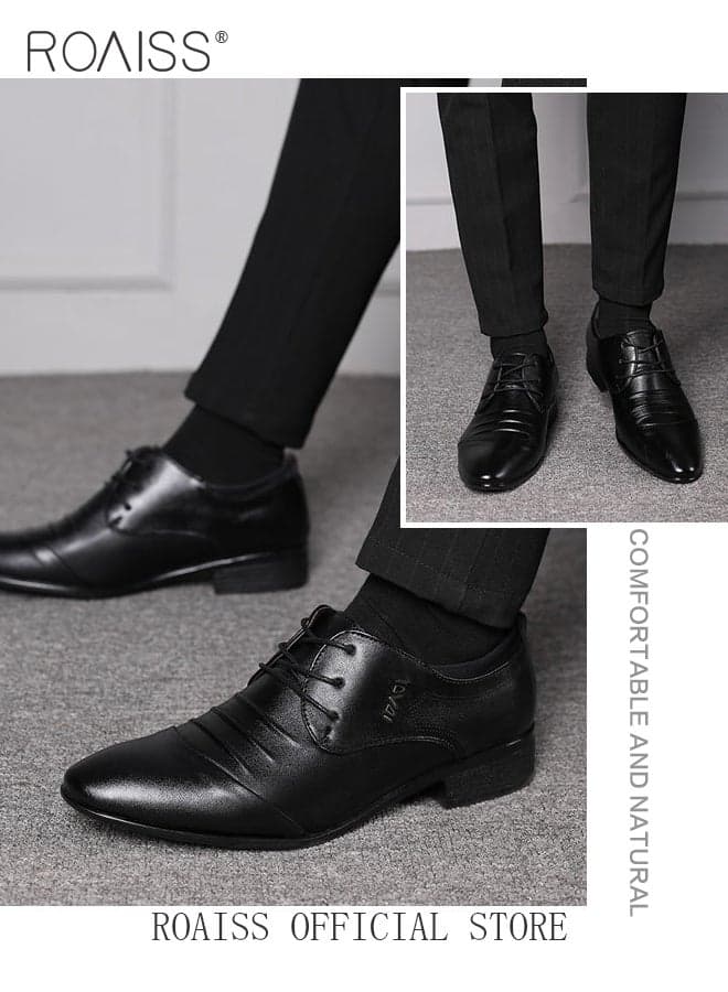 Business Formal Leather Shoes for Men Lightweight and Non Slip Pointed Patent Leather Shoes for Office Wedding Business Trip Casual Soft and Breathable Men's Lace up Leather Shoes for Bridegroom Black