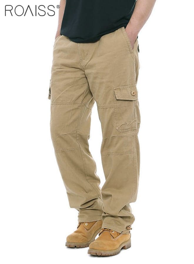 Casual Work Pants for Men, Daily Commuting Wear Resistant Multi Pocket Straight Leg Pants, Mens Comfortable and Breathable Cargo Pants, For Everyday Casual Wear Loose Pleated Design Zipper Closure, Khaki