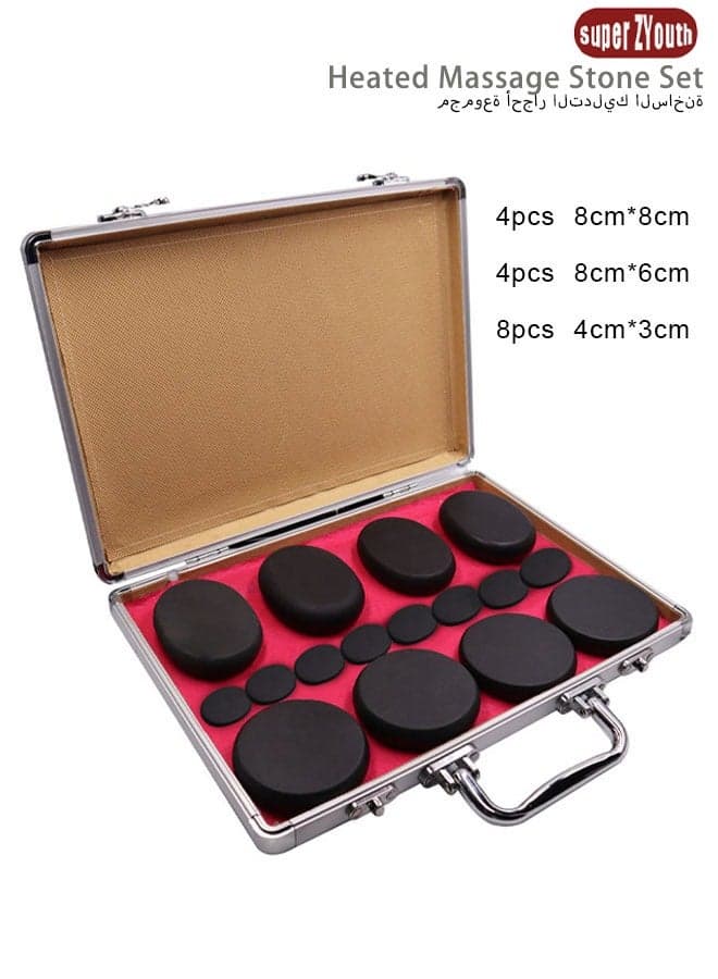 16-Piece Professional Massage Energy Stone with Heating Box, Portable Soft Natural Basalt Hot Stone Set for Spa and Therapy (UK Plug)