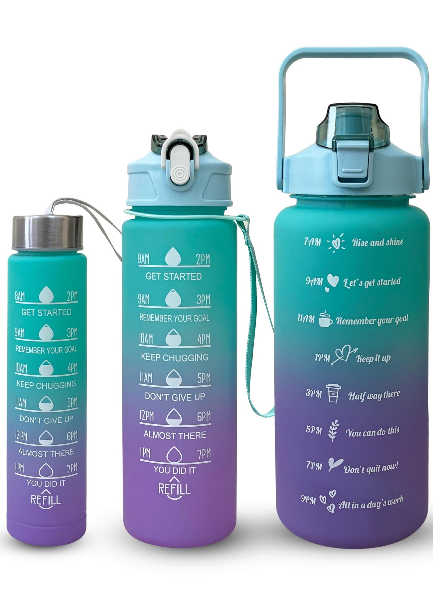 - Large 2 Liters 64Oz Bpa Free Multicolor Water Bottle - Leak Proof With Straw, Motivational Quote And Time Marker, Anti Slip For Sports,Fitness, Gym (Green/Purple Pack Of 3)