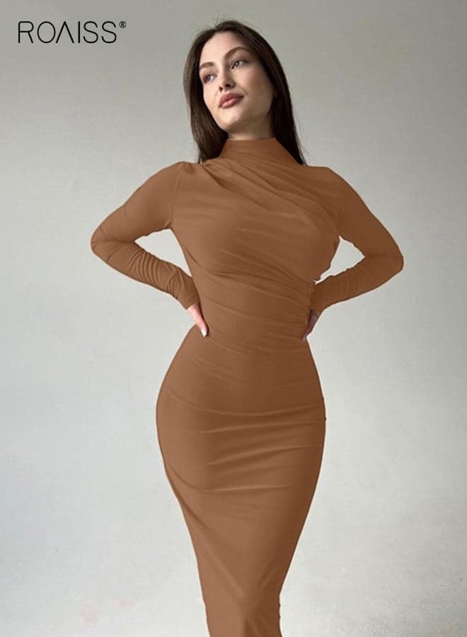 Women's Temperament Slim Dress Elegant Round Neck Long Sleeve Dress with Pleated Solid Color Skirt for Creating a Refined and Graceful Daily Look Brown