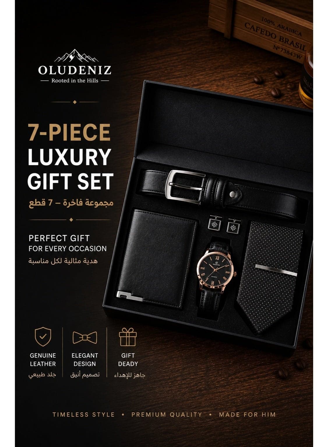 🕴️ Elegant 7-in-1 Piece Men’s Business Gift Set – Black Leather Watch, Belt, Wallet, Tie, Cufflinks & Tie Clip
