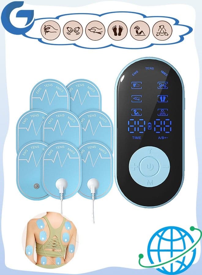 EMS Massage Muscle Stimulators with 18 Massage Modes & 30 Levels, Rechargeable Dual Channel Massager for Sciatica Back Pain Relief with 8 TENS Machine Pads, for Full Body Pain Relief (Blue)