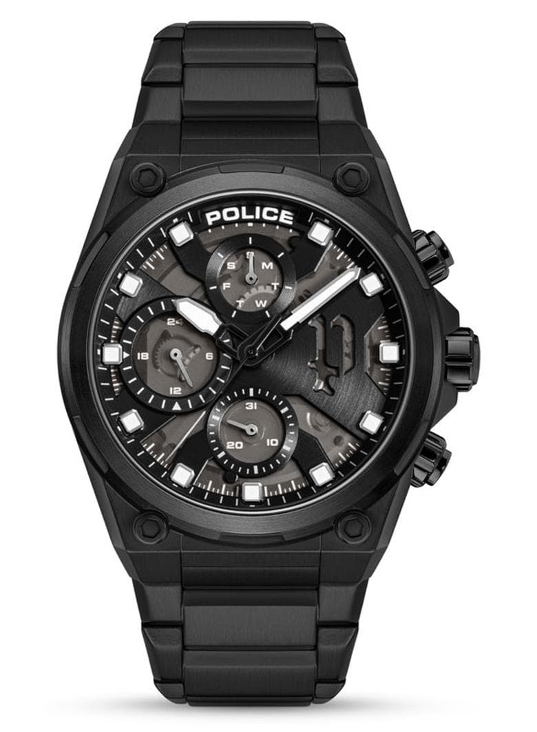 Men 43mm Multifunction Watch with Hydraulic Black Plate, Charcoal Translucent Dial & 316L Stainless Steel Bracelet