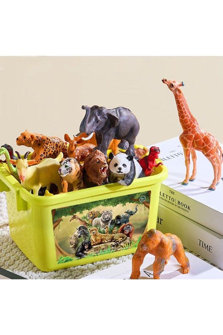 12-Piece Wild Animal Model Set With Book and Storage Box , Realistic Plastic Toy Figures, Jungle Zoo Animals, Educational Gift For Boys Girls Kids Birthday Multicolor