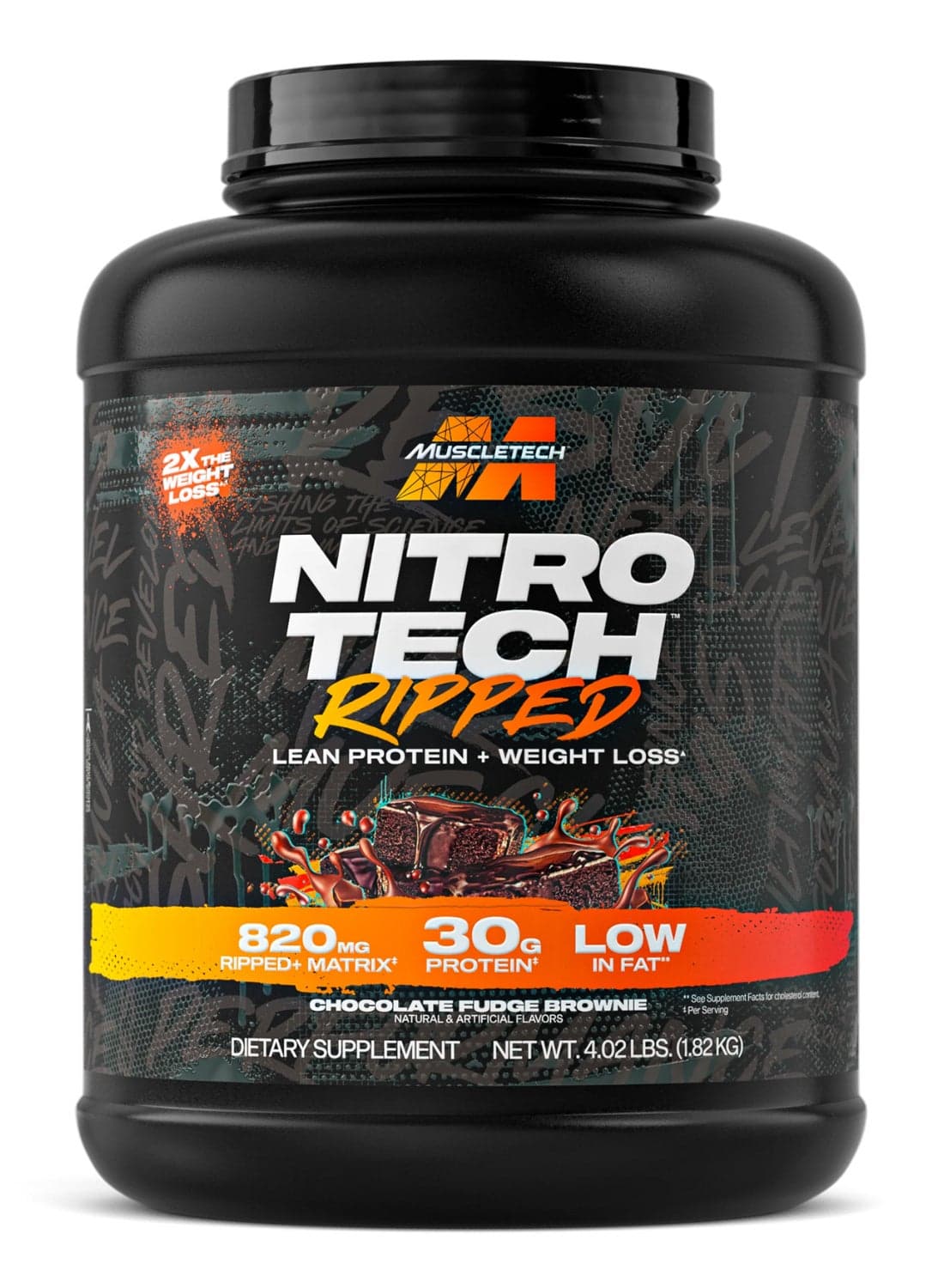 Nitro Tech Ripped Lean Protein + Weight Loss - 2X the Weight Loss - 820mg Ripped Matrix - 30g Protein - Low in Fat - Chocolate Fudge Brownie Flavor - Dietary Supplement - Net Wt 4.02 lbs (1.82kg)