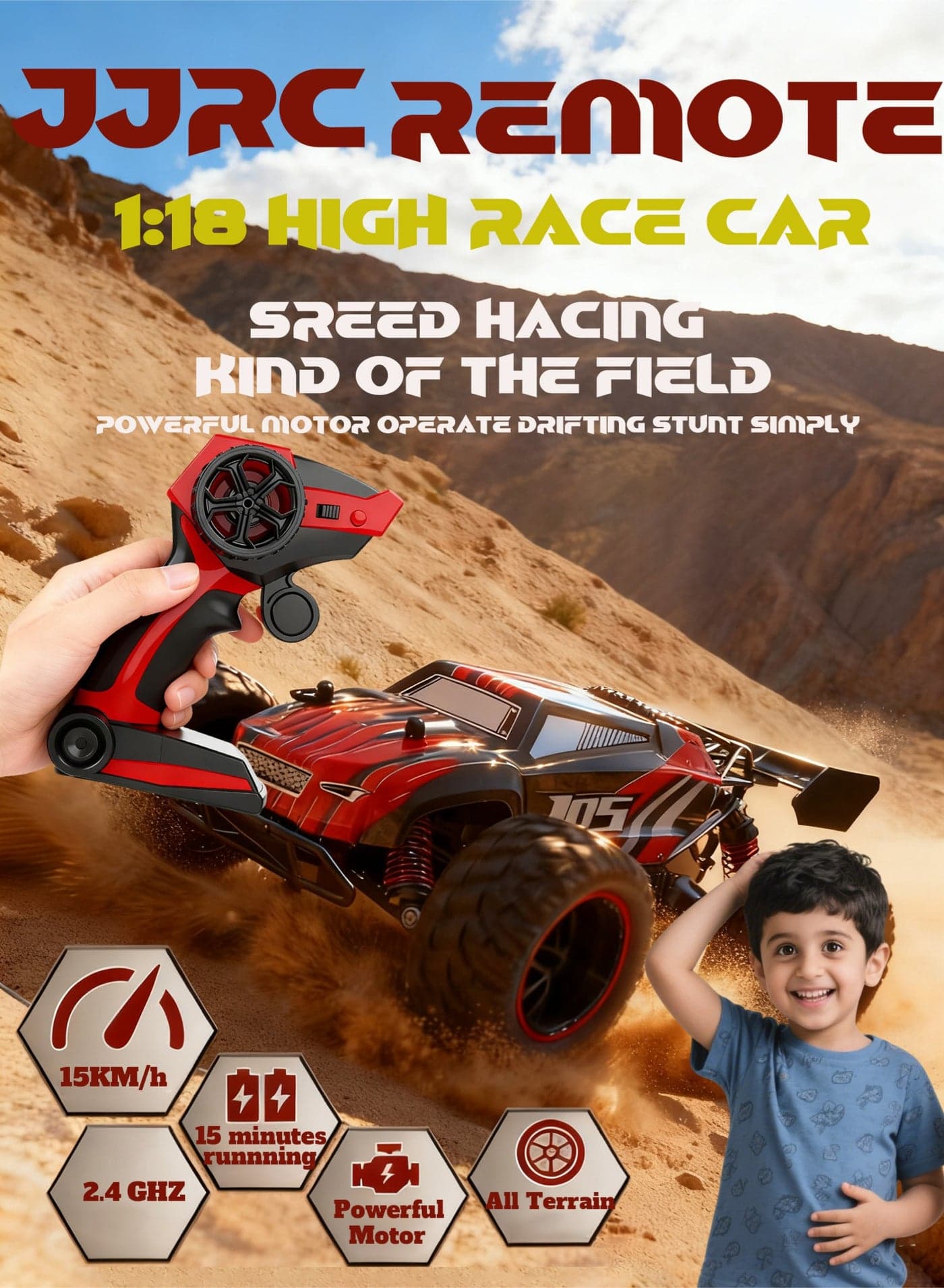 JJRC Q105 Remote Control Car, 1:18 Scale All Terrain RC Cars, 15Km/h with Colorful LedLight and one Rechargeable Batteries, Comes with four mini roadblock cones and four cone stickers,Remote Control Truck Off Road Racing Car Toys for Kids and Boys