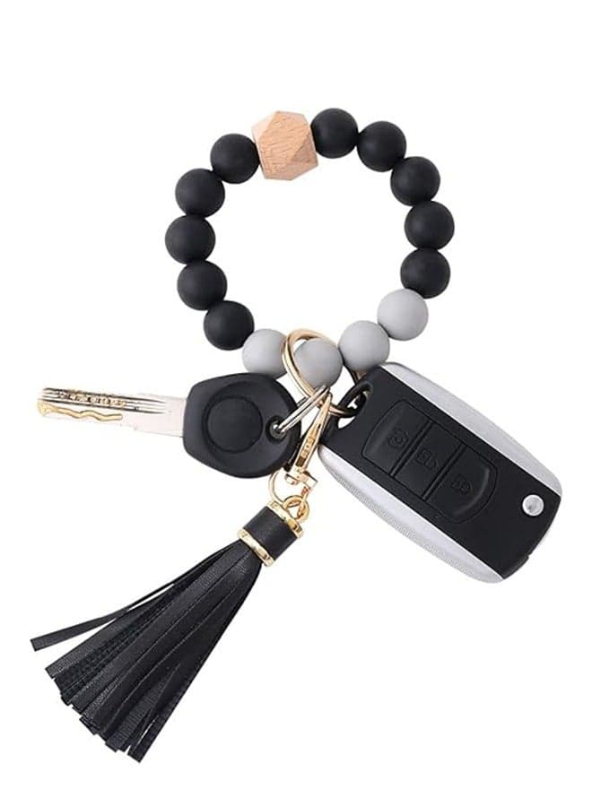 Silicone Beaded Bracelet Keychain Wristlet Key Ring Bangle Chains for Women with Leather Tassel