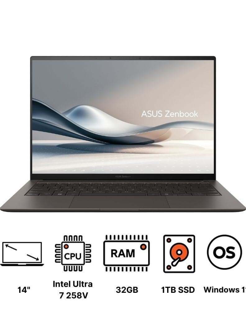 ASUS Zenbook S 14 OLED UX5406SA-PV007W Laptop 14 OLED Inch / Core Ultra 7 -258V/ 32GB RAM/ 1TB SSD /Intel Arc Graphics/ Win11 / English/Arabic Zumaia Grey