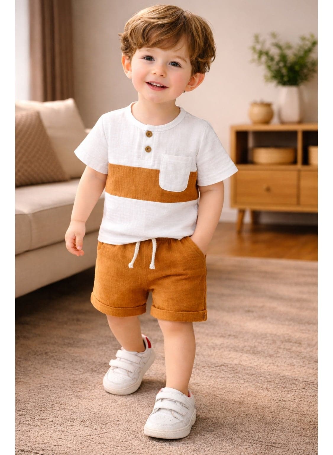 Baby Boys 2-Piece Summer Outfit Set (18-36 Months) – Soft Cotton Short Sleeve T-Shirt with Pocket & Elastic Waist Shorts – Casual Toddler Clothes Set