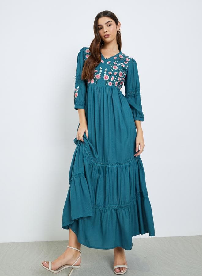Teal Embroidered Tiered Maxi Dress