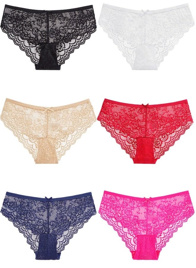Zeemey 6 Pack Womens Underwear Lace Sort Bikini Breathable Panties Low Rise Hipster Ladies Panties
